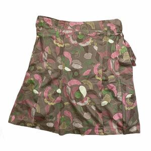 A Line Floral Taupe Pink Green Pleated Skirt EUC